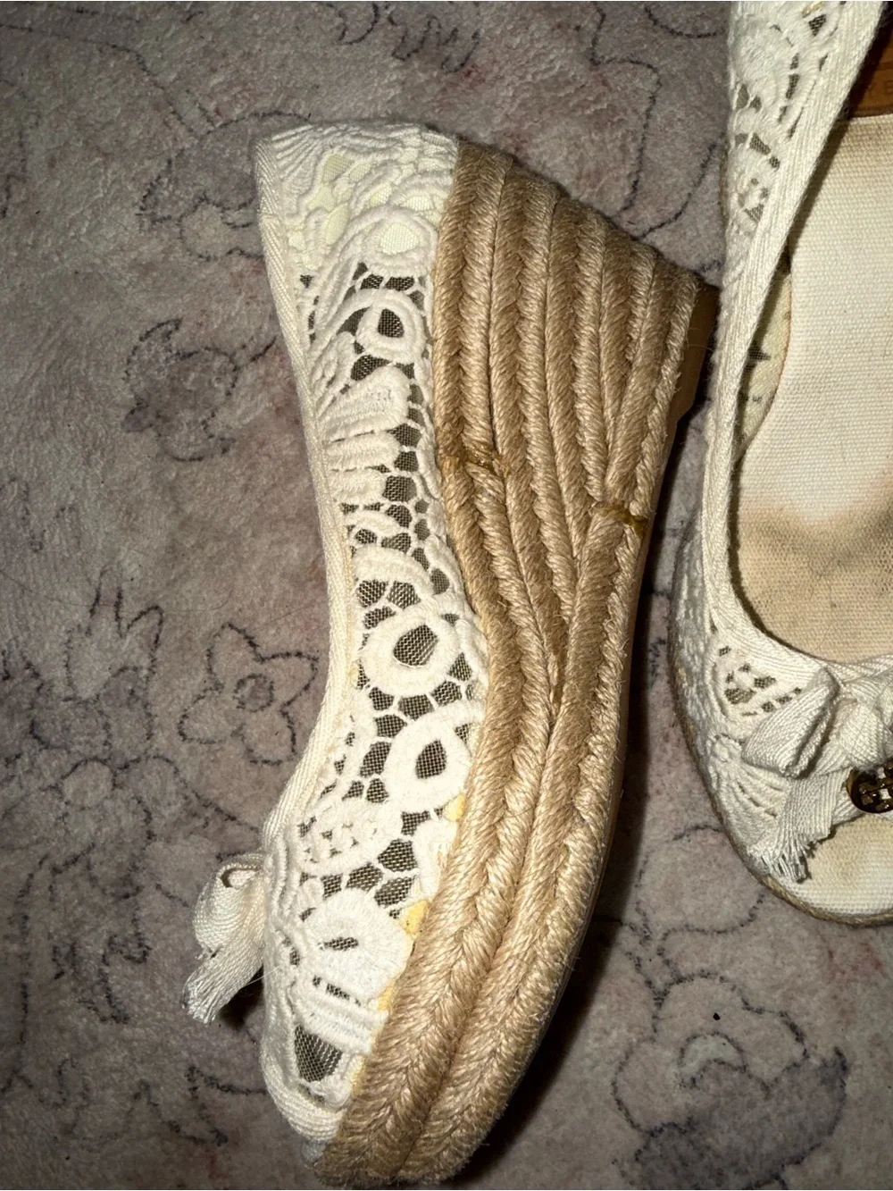 Tory Burch Cream Lace Peep-Toe Flats with Logo Charm